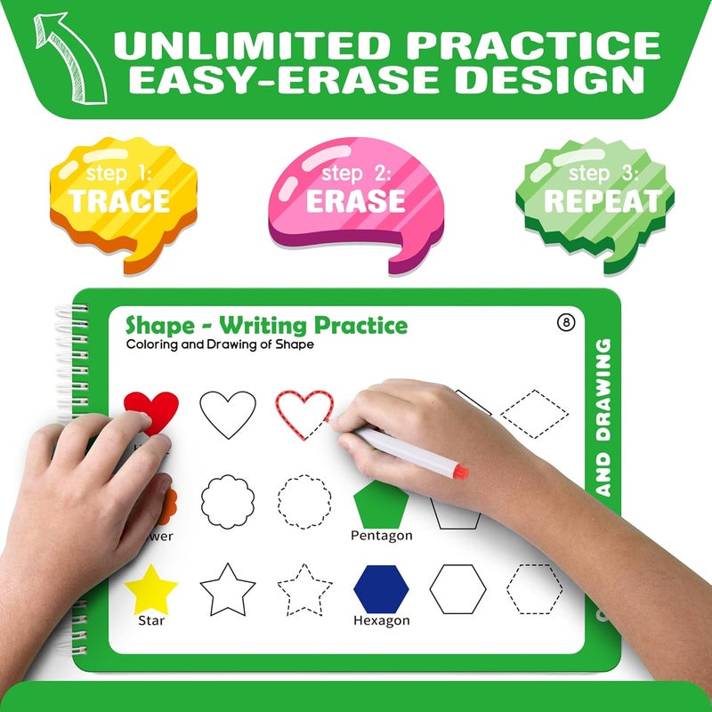 iHarPro Preschool Learning Activities - 52 Pages Handwriting Practice Tracing Books for Kids, Montessori Toys Kindergarten Educational Workbooks Age 3-6, with 12 Dry Erase Markers - Image 3